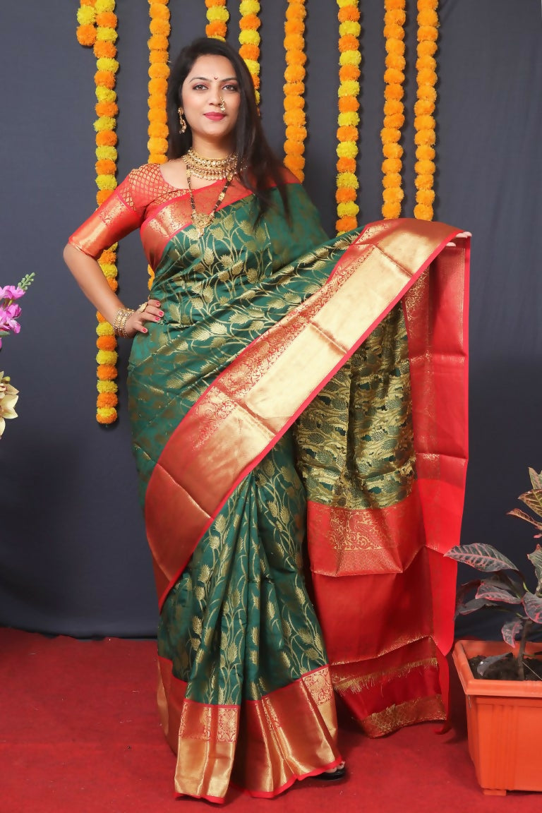 Jyoti Fashion Women's Bottle Green Kanjivaram Silk Zari Woven Saree with Blouse