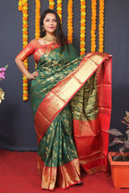 Jyoti Fashion Women's Bottle Green Kanjivaram Silk Zari Woven Saree with Blouse