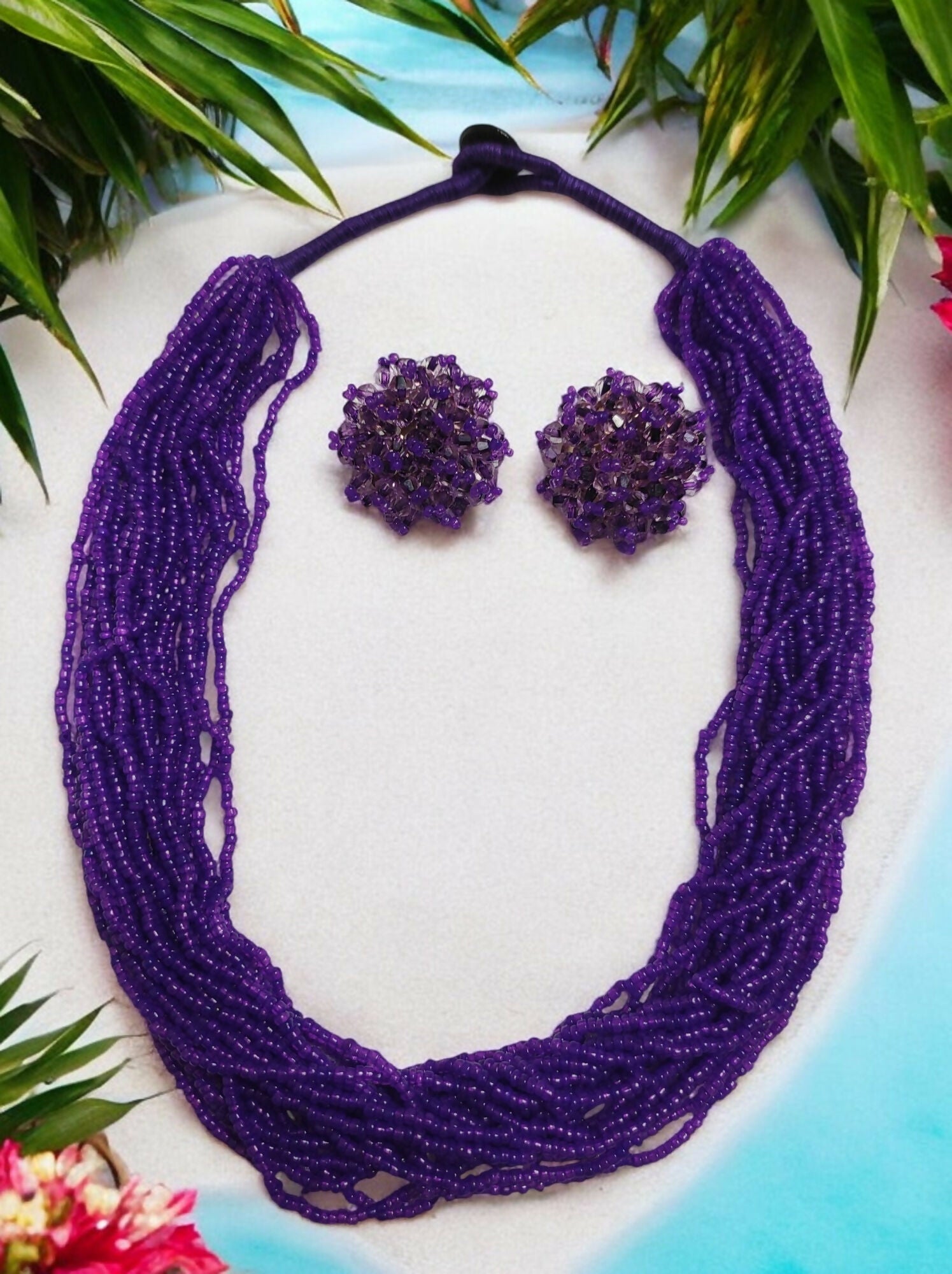 Inhanns Vibrant Handmade 20 Layers Beaded Necklace With Matching Earrings - Purple