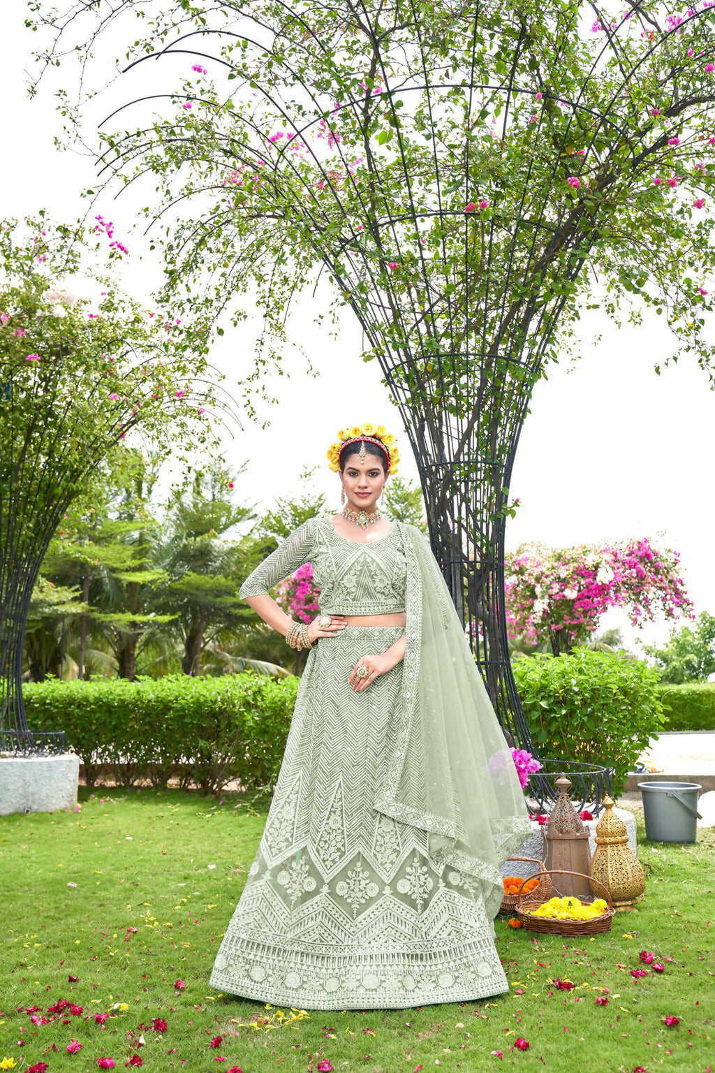 Light Green Net Embroidered Semi Stitched Lehenga Choli with Dupatta - Bhagya