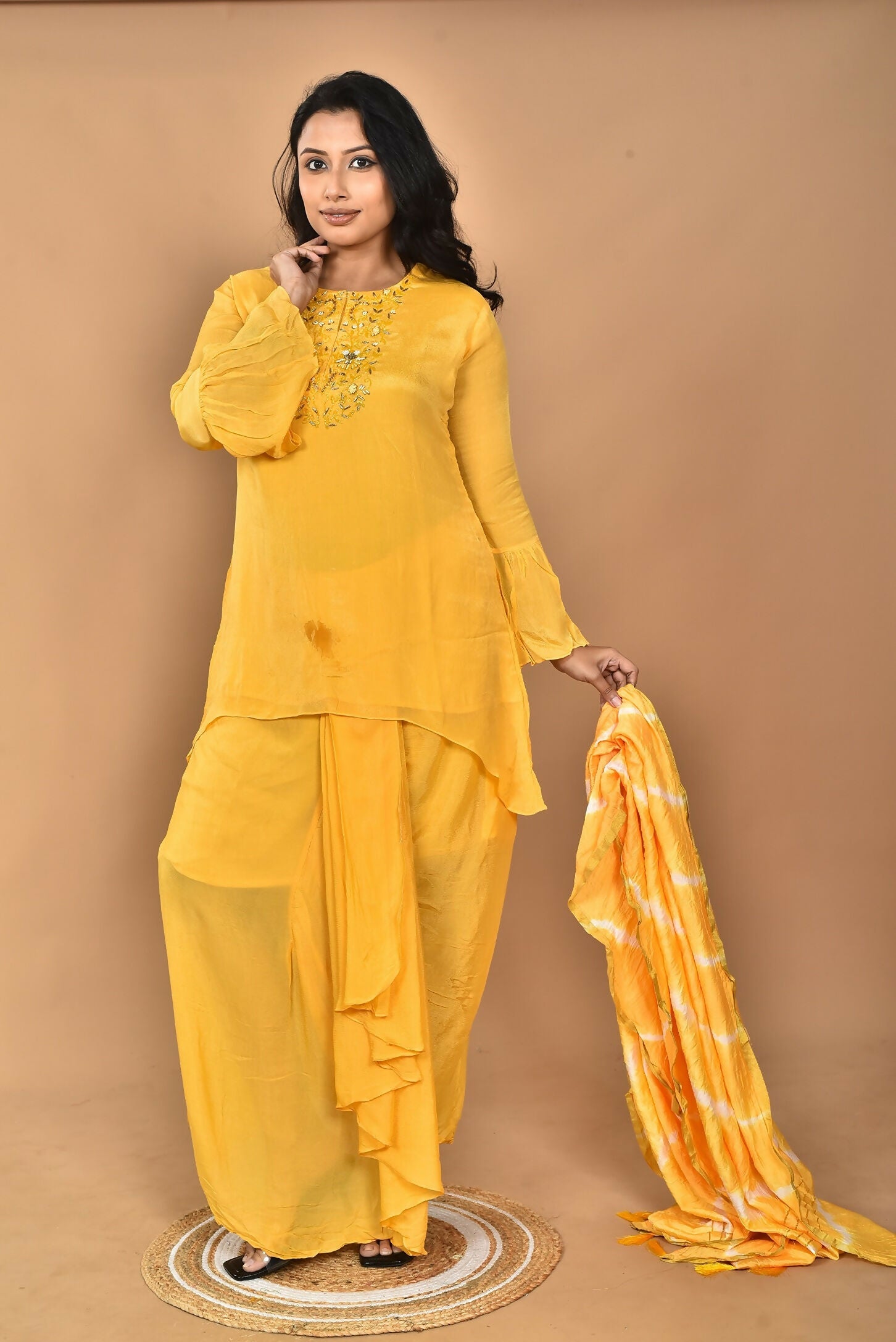 Morchari Women And Hand Embroidery Palazzo Set-Yellow