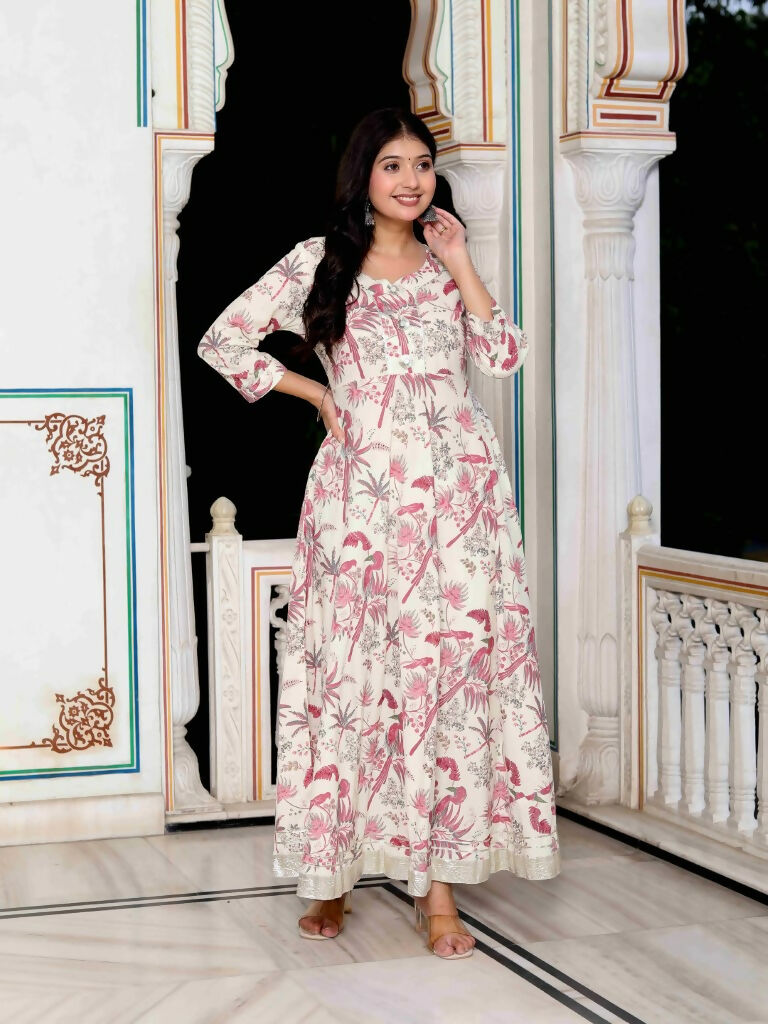 Miravan Women's Light Pink Cotton Gotapatti Birds And Leaf Floral Printed Anarkali Kurta
