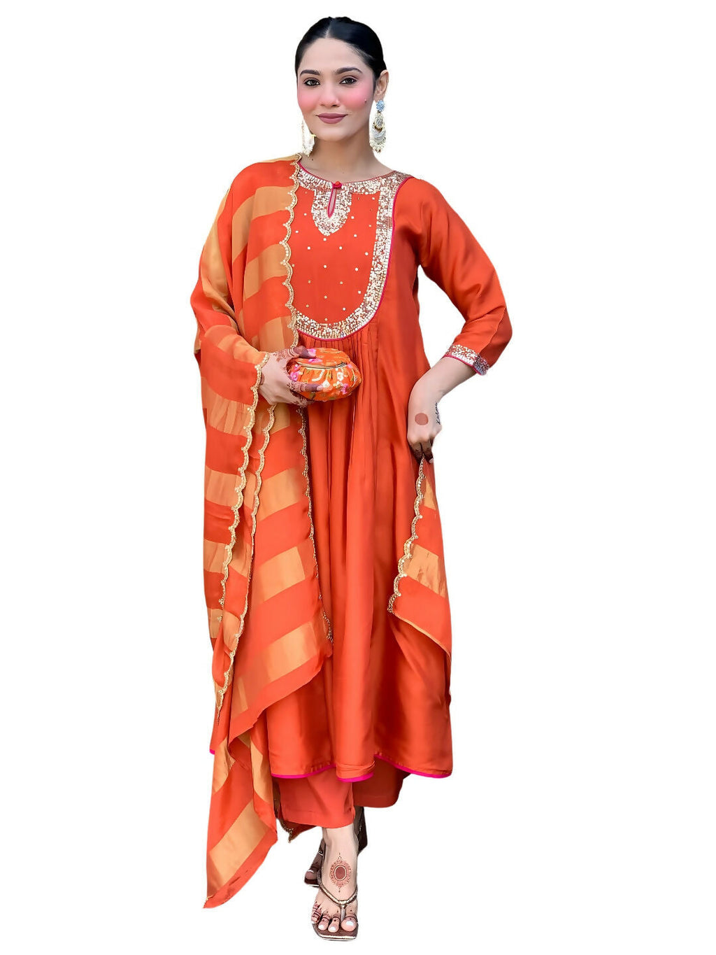 The52 Rust Women's Gorgeous Embroidered Work Chanderi Fabric Flared Kurta Pant and Dupatta Set - Distacart