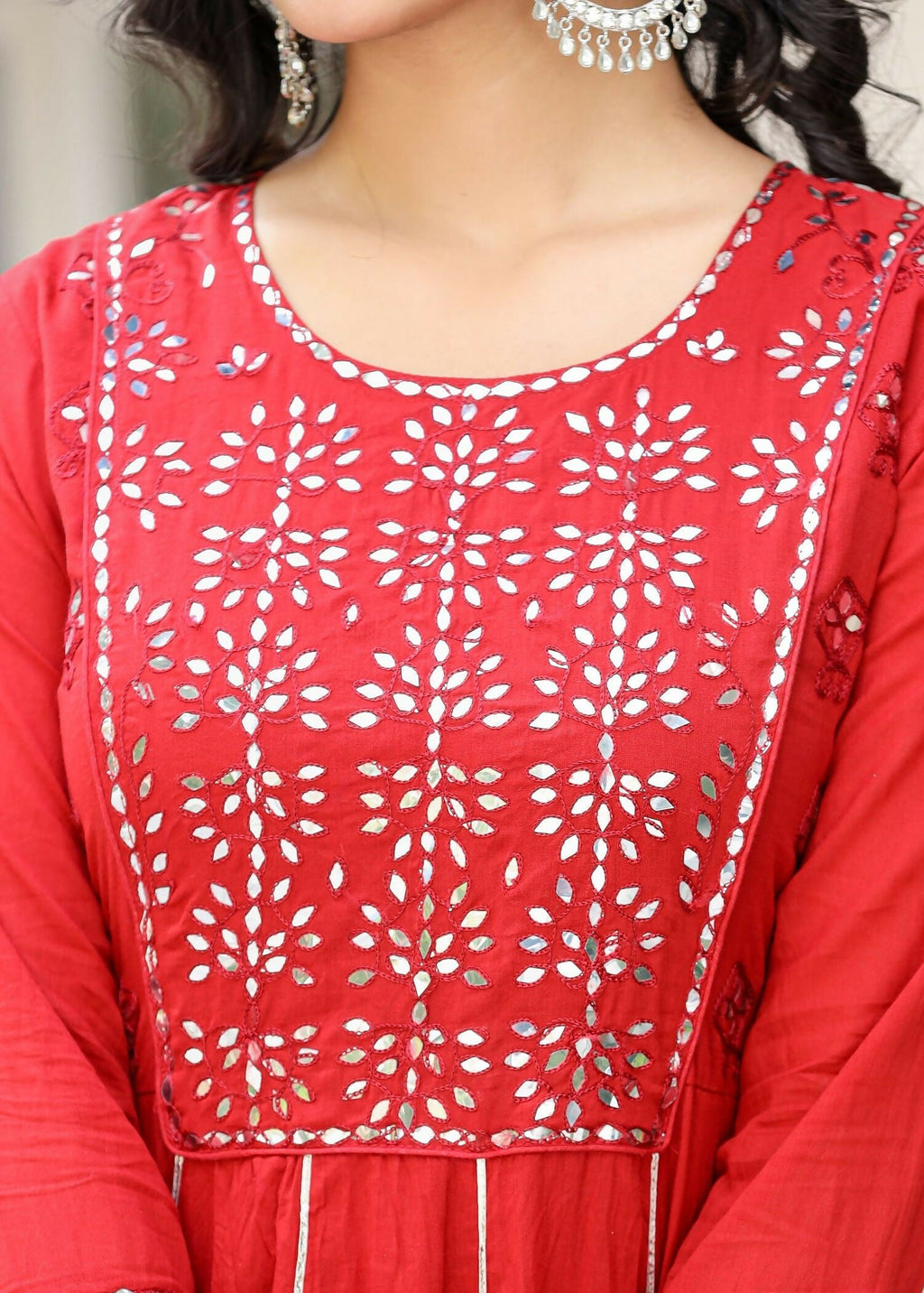 Kaajh Women's Red Mirror Embroidered Cotton Ethnic Dress - Distacart