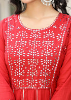 Kaajh Women's Red Mirror Embroidered Cotton Ethnic Dress - Distacart