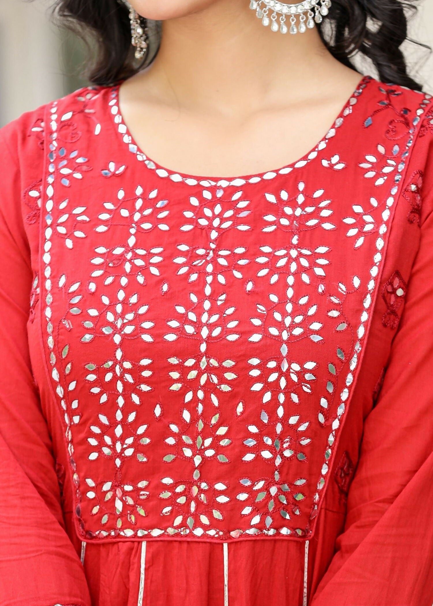 Kaajh Women's Red Mirror Embroidered Cotton Ethnic Dress - Distacart
