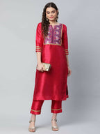 Ahalyaa Womens Red Art Silk Printed Kurta Pant Set - Distacart