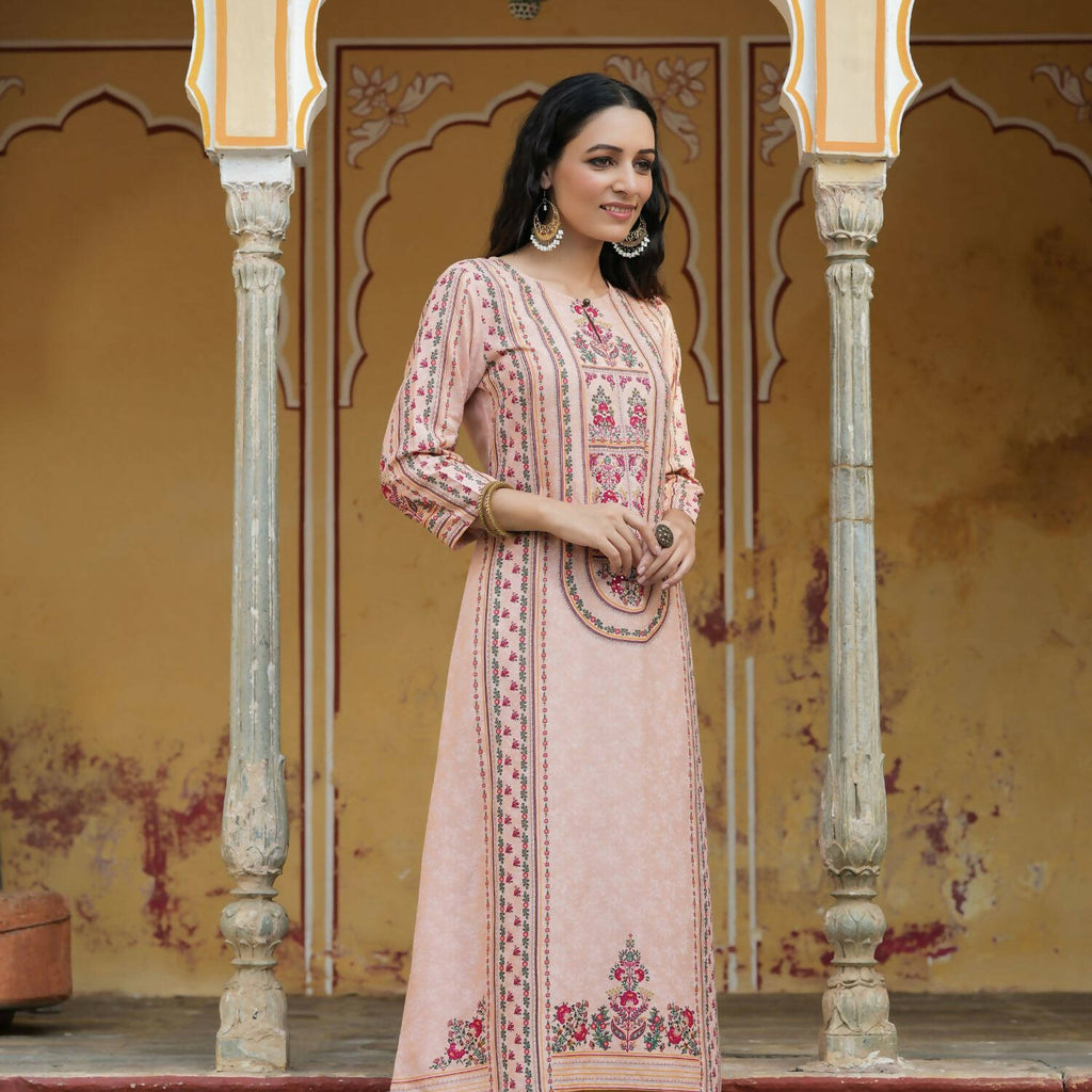 Juniper Women's Peach Rayon Staple Printed A-Line Kurta - Distacart