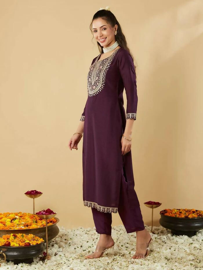 The52 Women's Beautiful Chanderi Silk Fabric Embroidery Work Straight Kurta Pant and Dupatta Set - Distacart