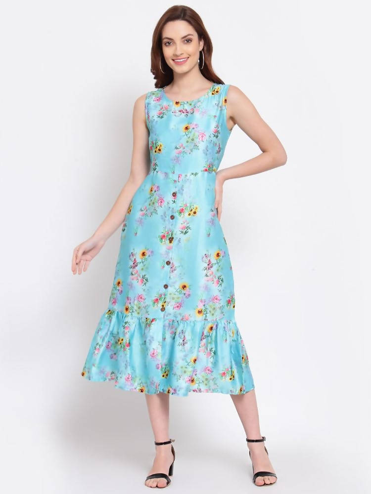 Myshka Women's Green Printed Cotton Blend Sleeveless Round Neck Casual Dress