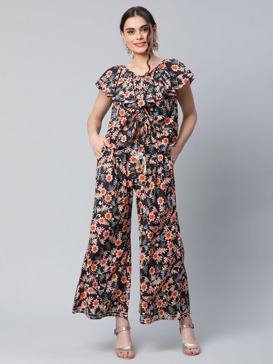 Ahalyaa Women Black Crepe Digital Print Top with Palazzo Set - Distacart