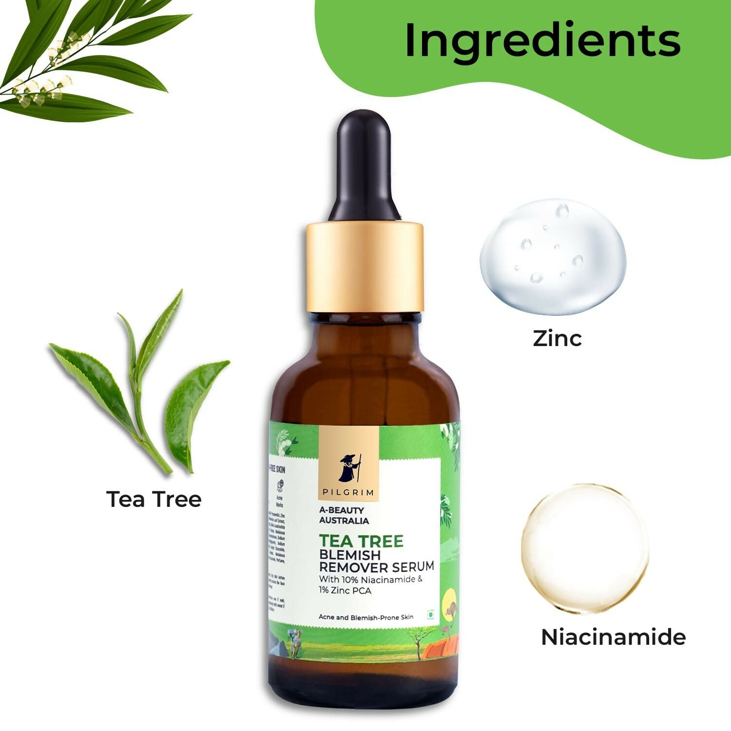 Pilgrim Tea Tree & 10% Niacinamide Blemish-Remover Serum with Zinc PCA For Acne Prone Skin