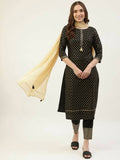 FIORRA Women's Black Poly Crepe Straight Kurta Pant With Dupatta