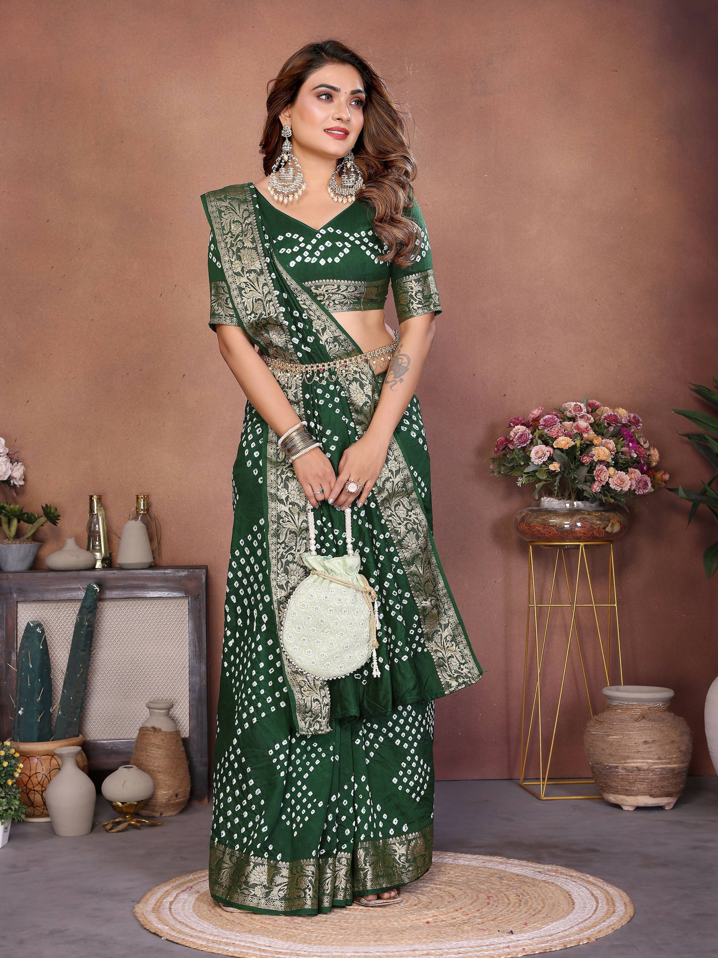 Aastha Fashion Green Pure Dola Silk Handmade Original Bandhej Saree - Distacart