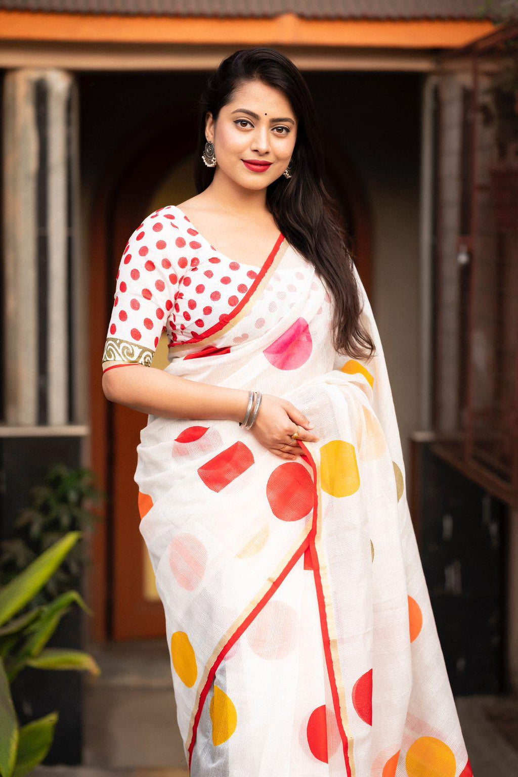 White Kota Silk Printed Saree with Unstitched Blouse - Hiral Fashion