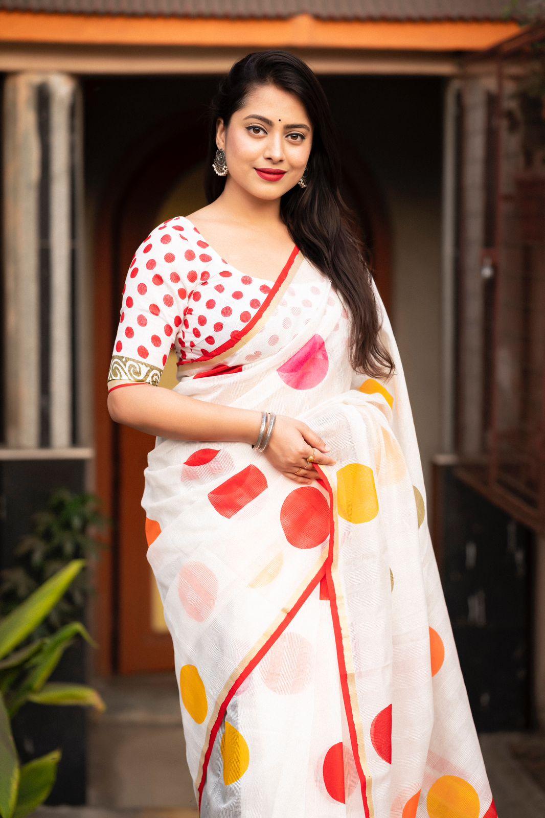 White Kota Silk Printed Saree with Unstitched Blouse - Hiral Fashion