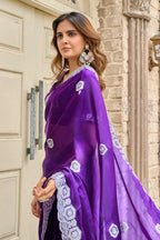 Vastranavya Purple-Blue Embroidery Work Shimmer Chiffon Saree with Unstitched Blouse - Distacart