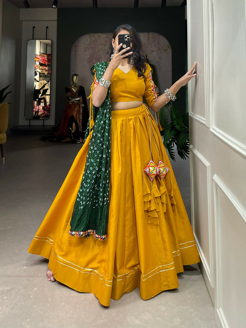 Vastranavya Navaratri Special Pure Cotton Plain With Gotta Patti Touch Up Lehenga Stitched Choli - Mustard