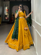 Vastranavya Navaratri Special Pure Cotton Plain With Gotta Patti Touch Up Lehenga Stitched Choli - Mustard