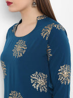 Janasya Flower Golden Foil Kurta Set with Dipped Hemline - Distacart