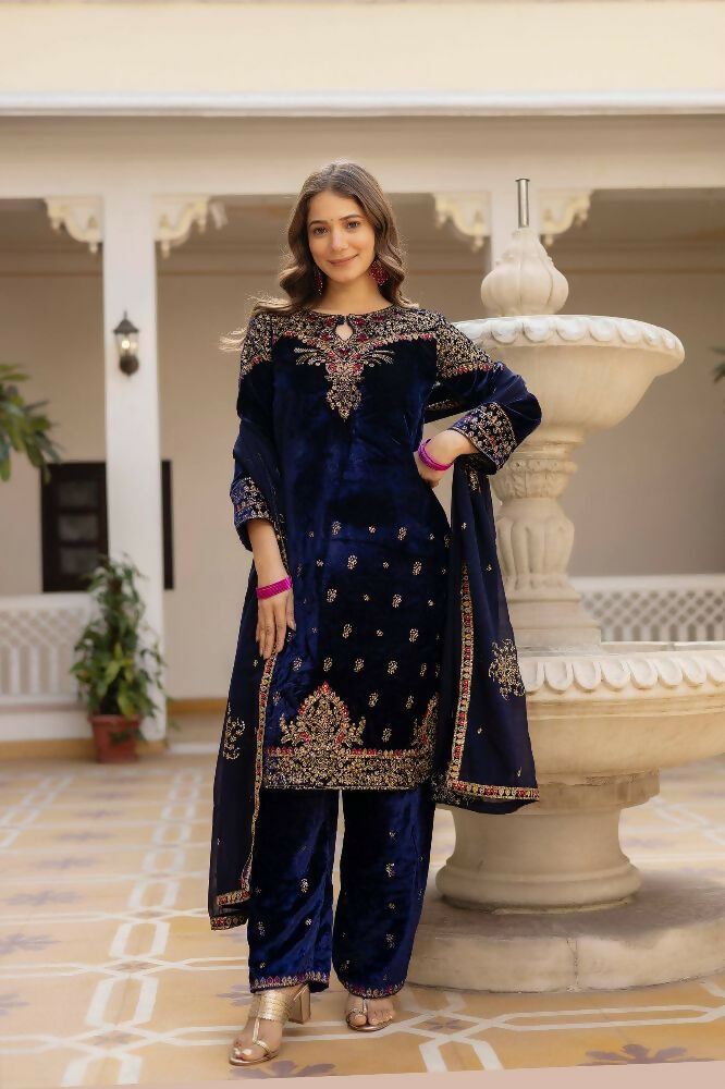 Teeya Creation Blue Color Pure Velvet Embroidery Work Wedding Wear Salwar Suit - Distacart
