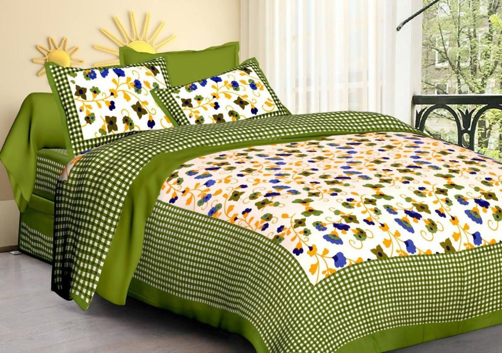 Vamika Printed Cotton Green Floral Bedsheet With Pillow Covers (LEOC_CHKM_G)