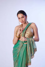 Sea Green Satin Gold Organza Solid Designer & Lace Work Saree - Samaa