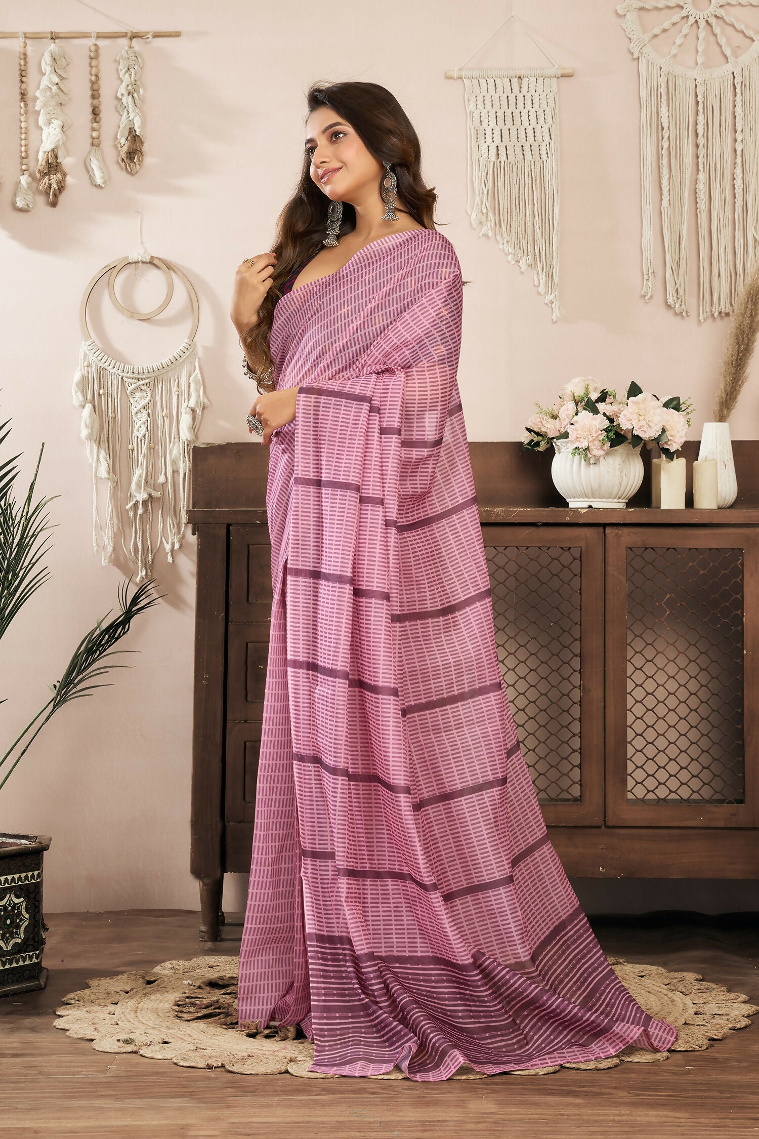 Joban Fashion Coral Pink Paisley & Geomatric Linen Ready To Wear Saree With Unstitched Blouse - Distacart