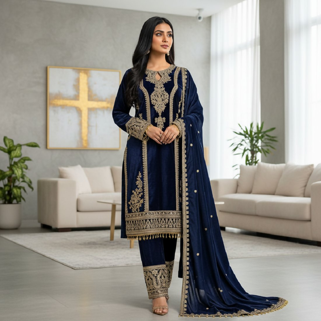 Teeya Creation Blue Color Velvet Fabric Designer Embroidery Work Suit - Distacart