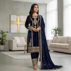 Teeya Creation Blue Color Velvet Fabric Designer Embroidery Work Suit - Distacart