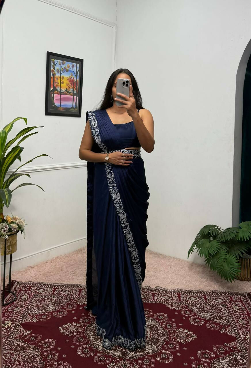 Teeya Creation Blue Color Chinon Silk Wedding Wear Ready To Wear Saree With Koti - Distacart