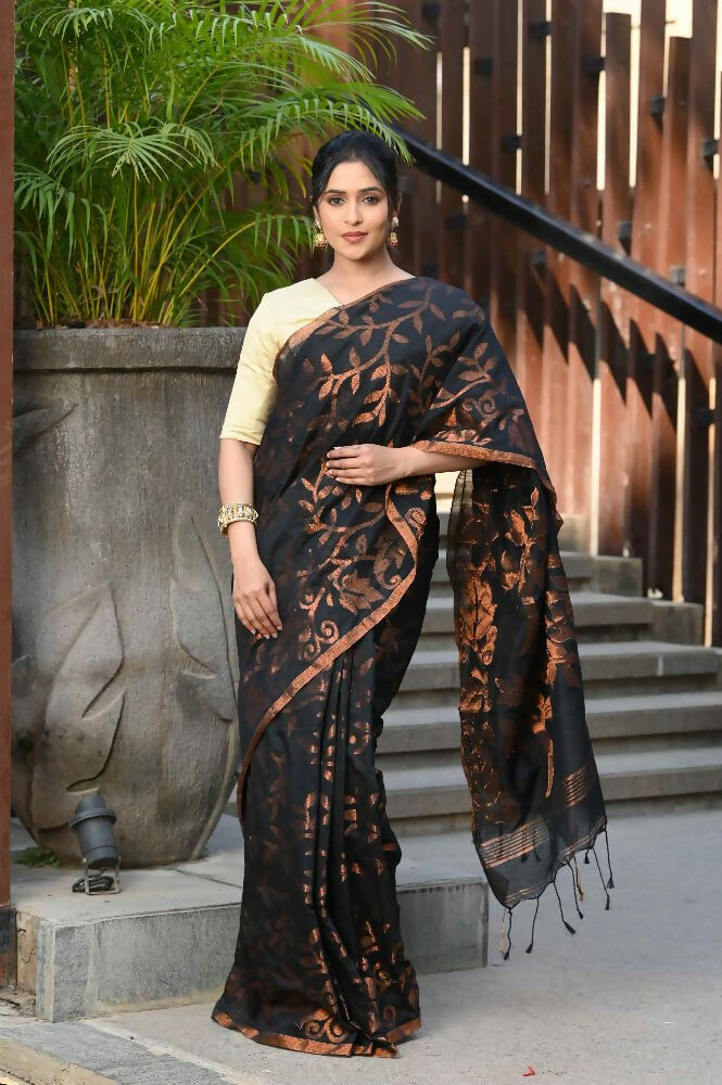 Beatitude Black Cotton Floral Jamdani Saree