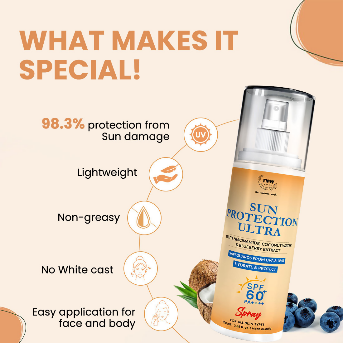 The Natural Wash Sun Defence Sunscreen SPF 60 UVA UVB PA++++ Sunblock Suncream