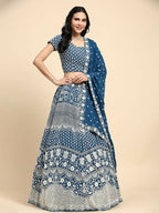 Teal Georgette Thread Embroidered Lehenga Choli with Dupatta - Tanya