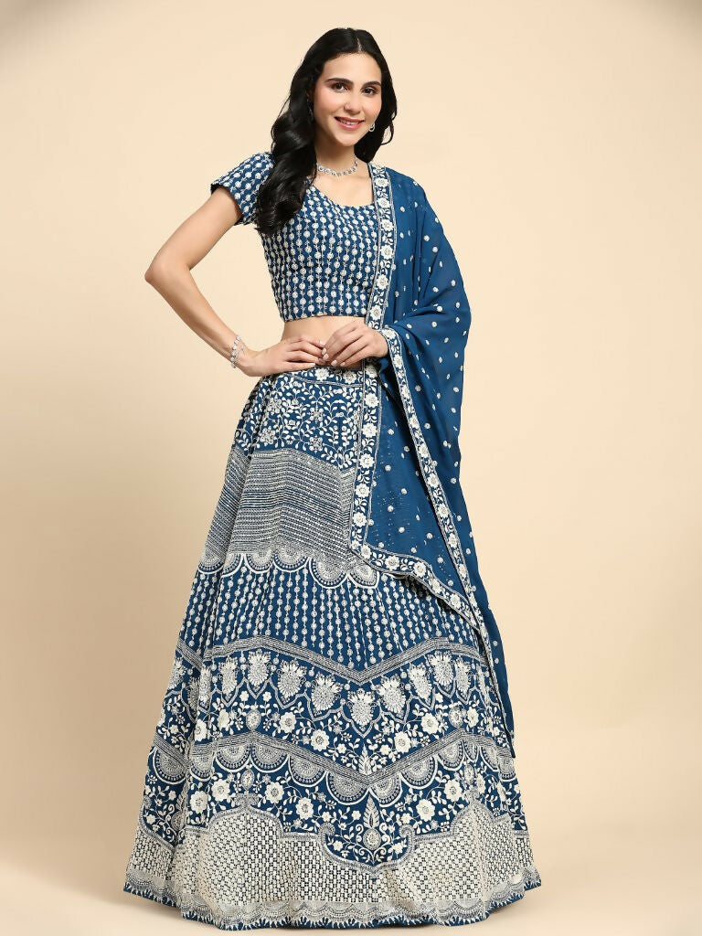 Teal Georgette Thread Embroidered Lehenga Choli with Dupatta - Tanya
