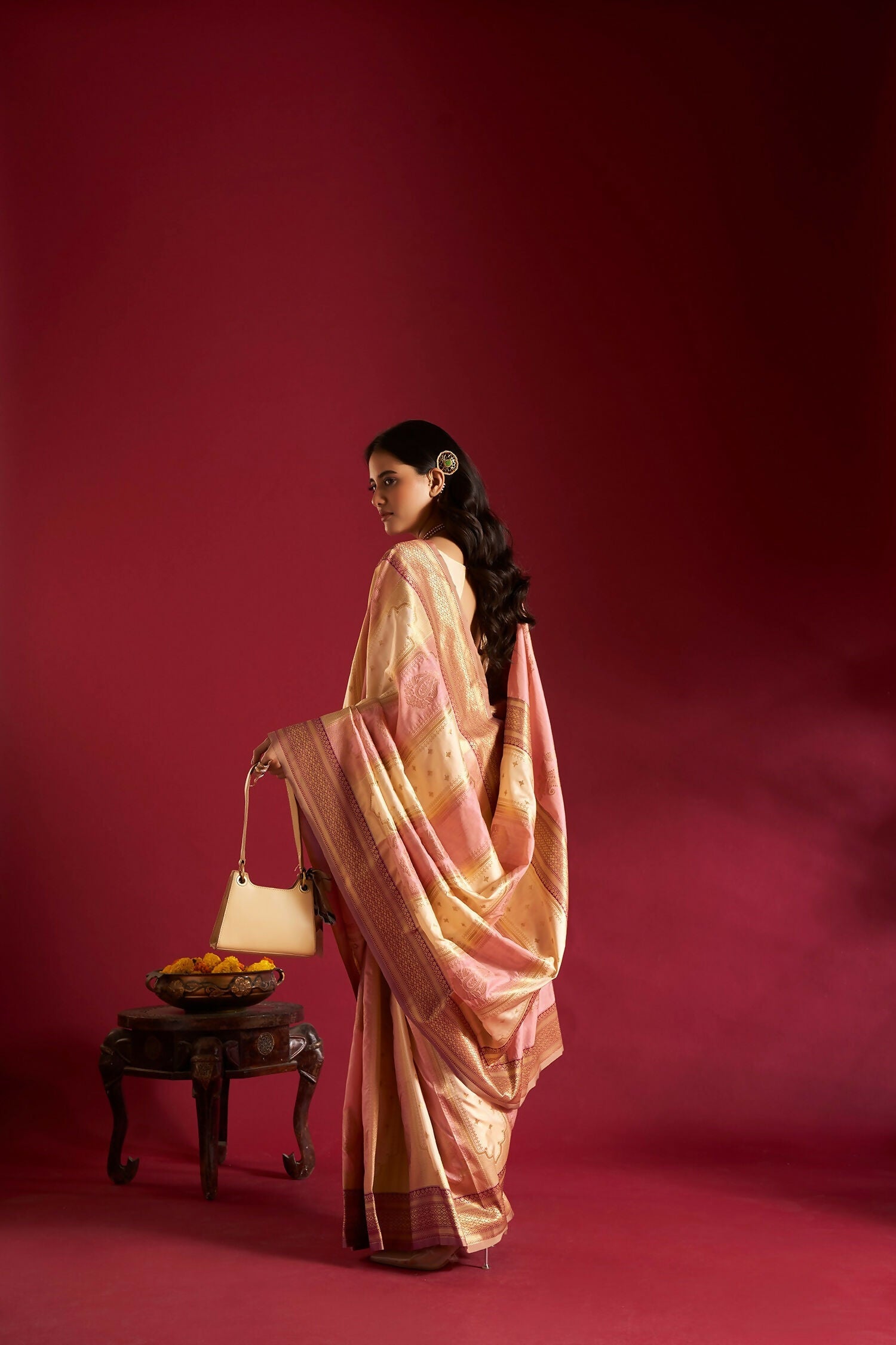 Joban Fashion Cream & Light Pink Plain With Weaving Border Banarasi Silk Sarees
