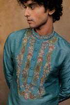 Falling Raw Silk Green Paisley Zari Kurta Set By Hilo Design