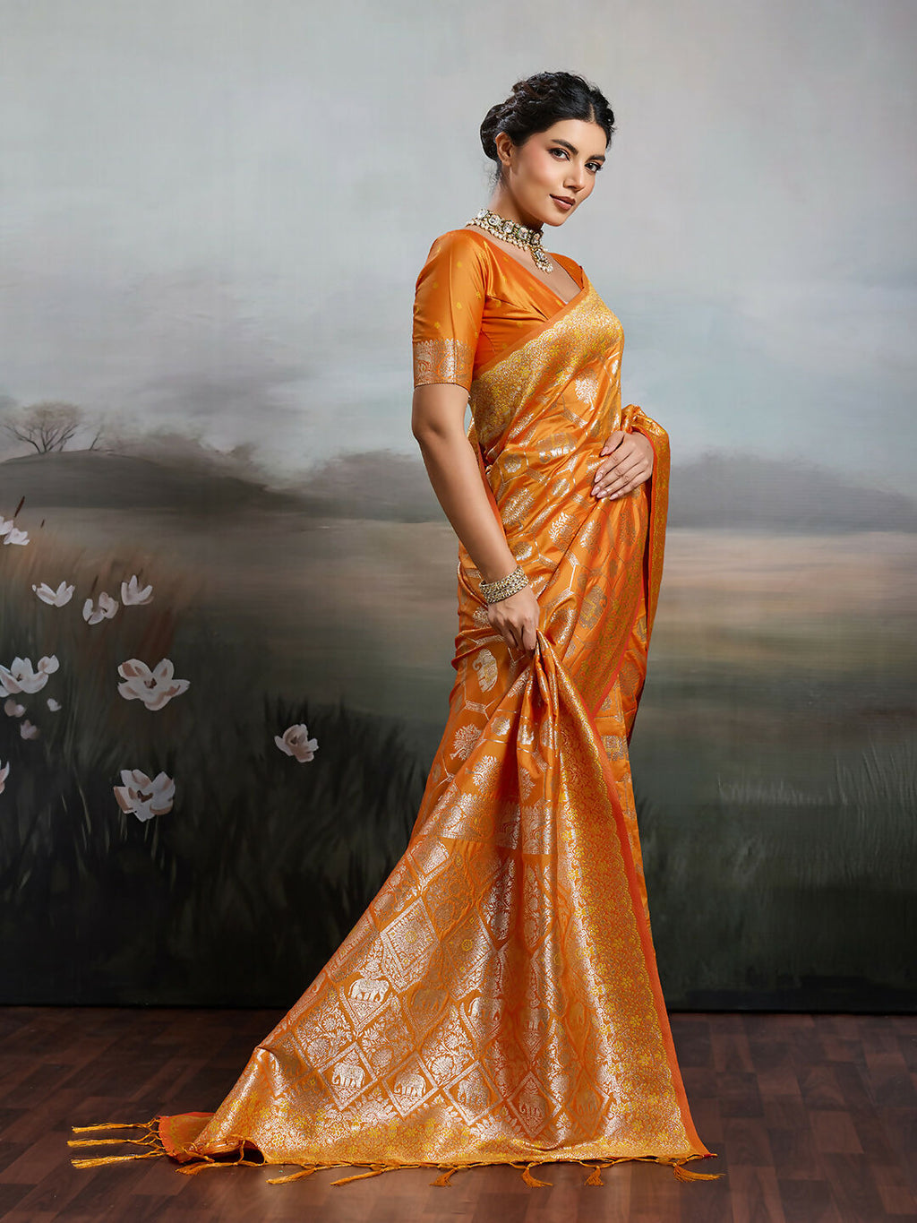 Shree Shyam Fashion Orange Silk Blend Saree - Distacart