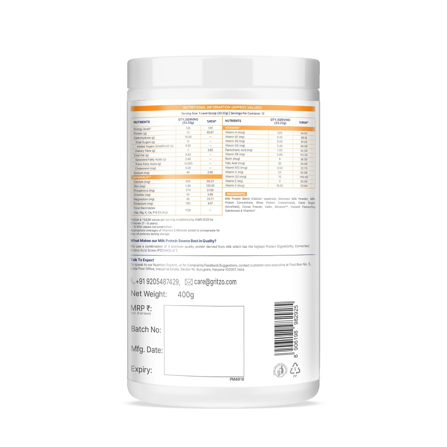 Gritzo SuperMilk Athlete (7-12y Boy & Girl), 14g Protein Powder (Double Chocolate) - Distacart