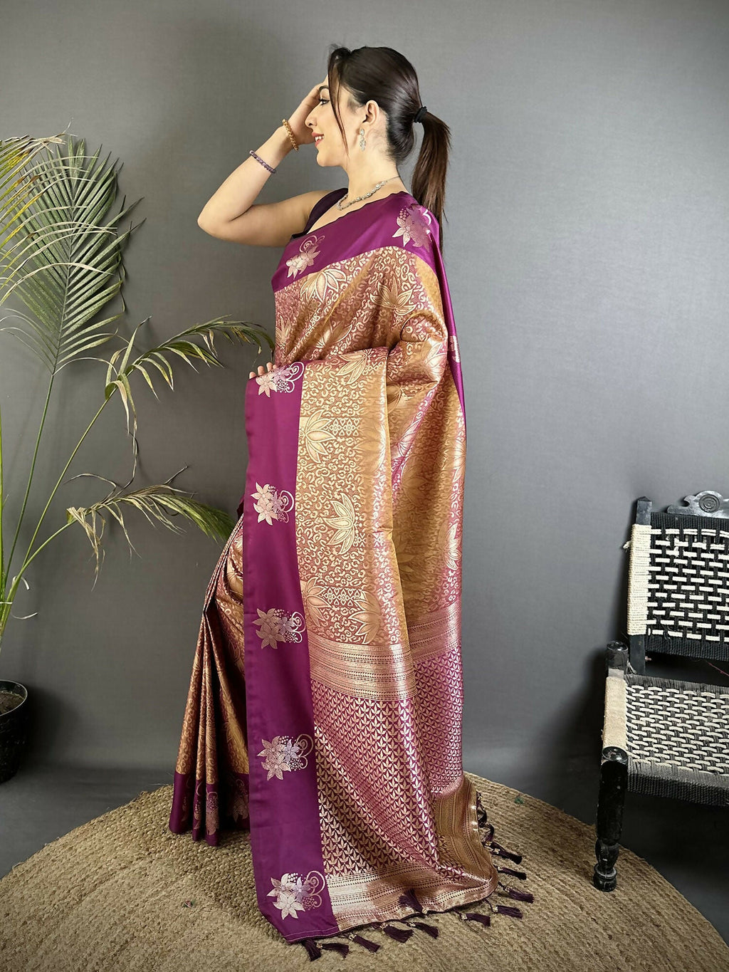 Joban Fashion Wine Intricate Zari Weaving Soft Silk Dharmavaram Saree