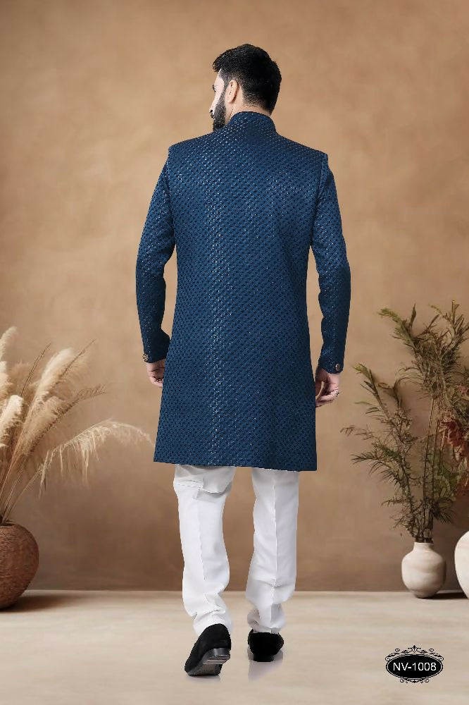 Joban Fashion Men's Blue Straight Silk Thread & Sequence Embroidery All Over Indo-Western Kurta Set