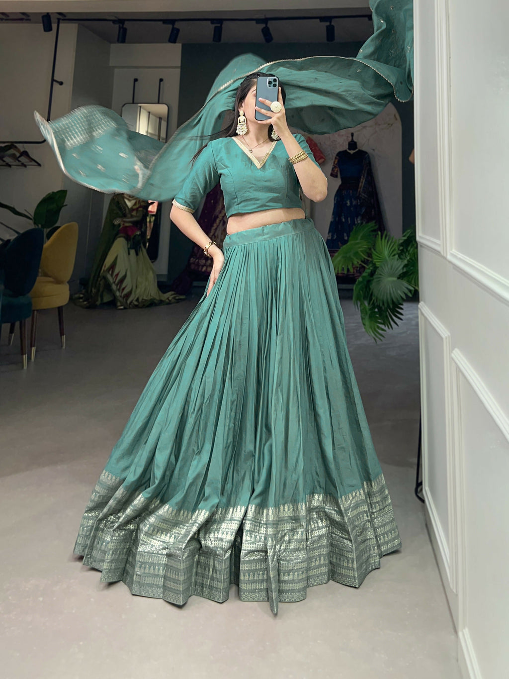 Lorenvalley Seagreen Pure Chanderi Plain With Zari Weaving Work Border Lehenga Choli