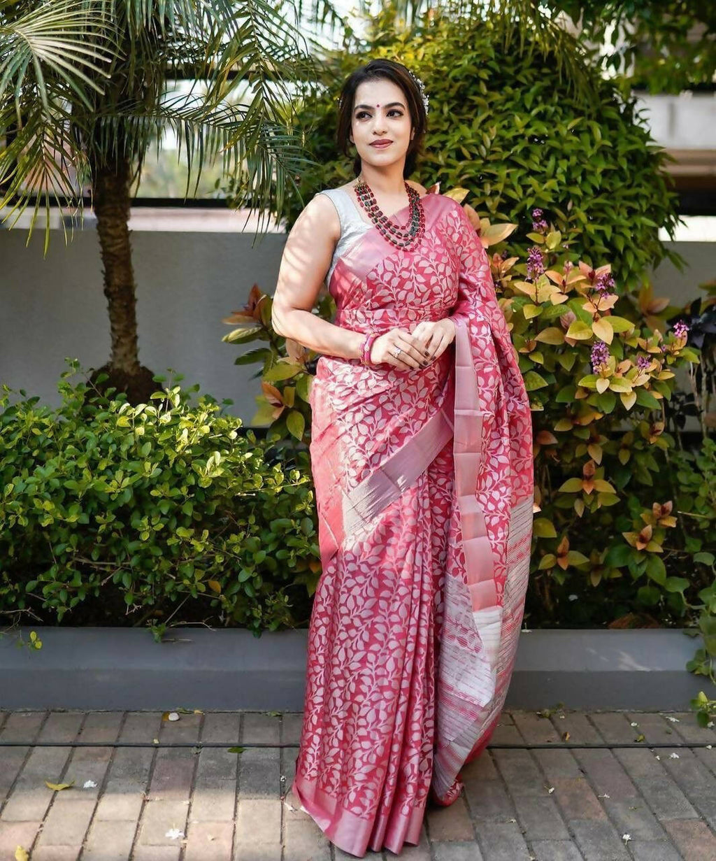 DEIANA'S Beautiful Designer Golden zari Soft Lichi Silk Saree - Pink