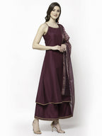 Myshka Marron Silk Blend Solid Sleeveless Round Neck Kurta Palazzo Dupatta Set
