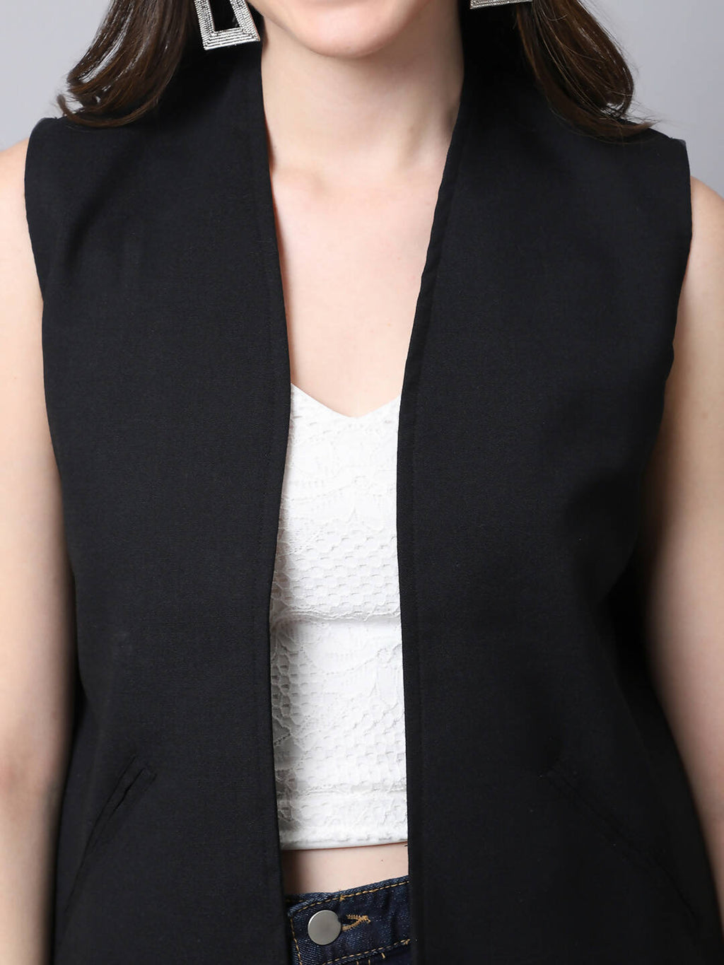 Even Apparels Black Linen Cotton Open Front Women's Waistcoat
