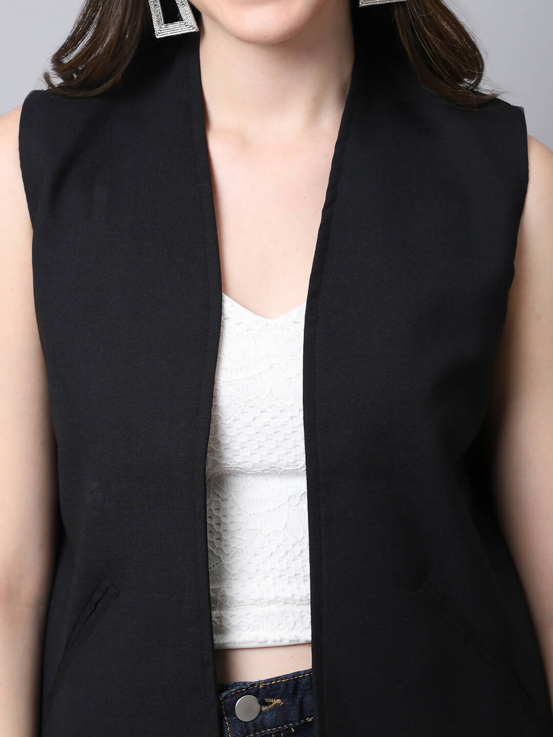 Even Apparels Black Linen Cotton Open Front Women's Waistcoat