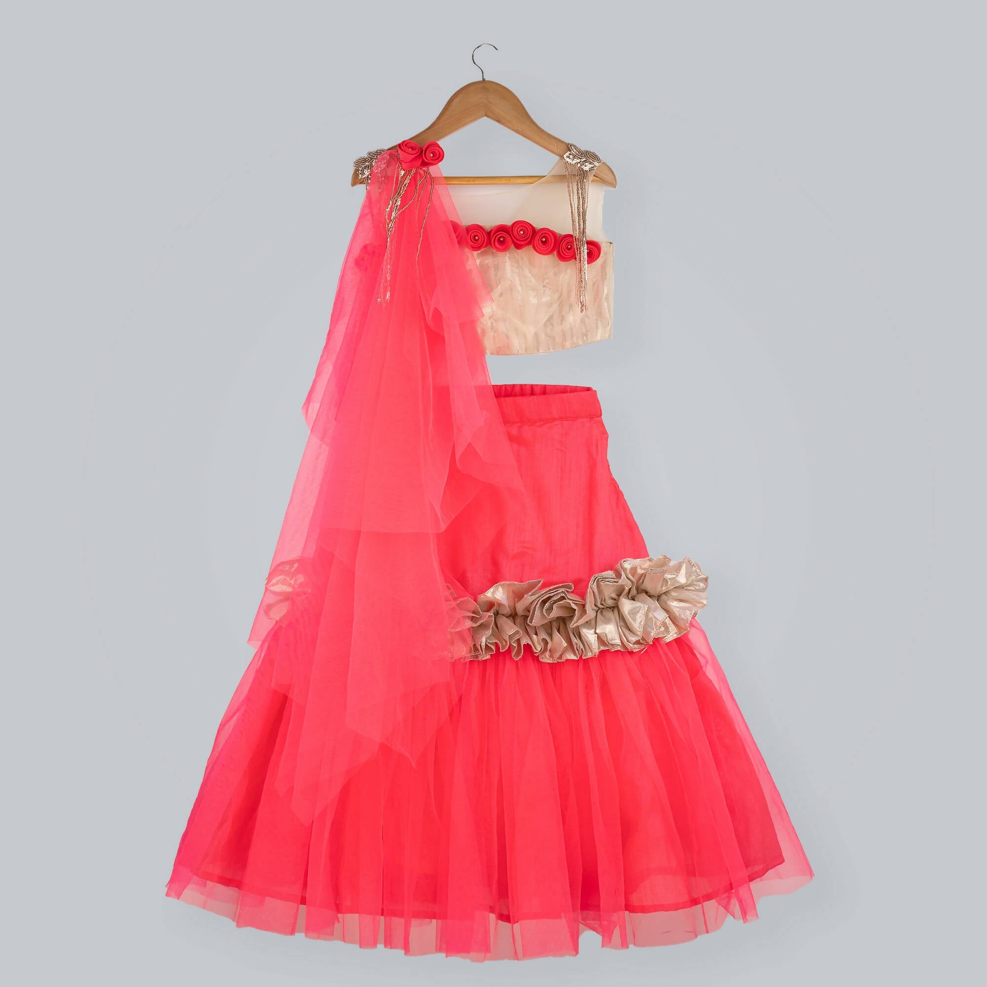 Pink Cow Fashions Golden & Pink Ghagra Choli With Frill