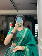 Vastranavya Floral Print With Foil Print Tussar Silk Lehenga with Unstitched Blouse - Sea Green
