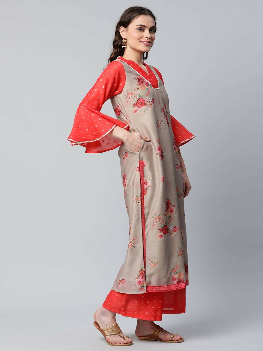 Ahalyaa Womens Chiku Chanderi Printed Kurta Palazzo Set - Distacart