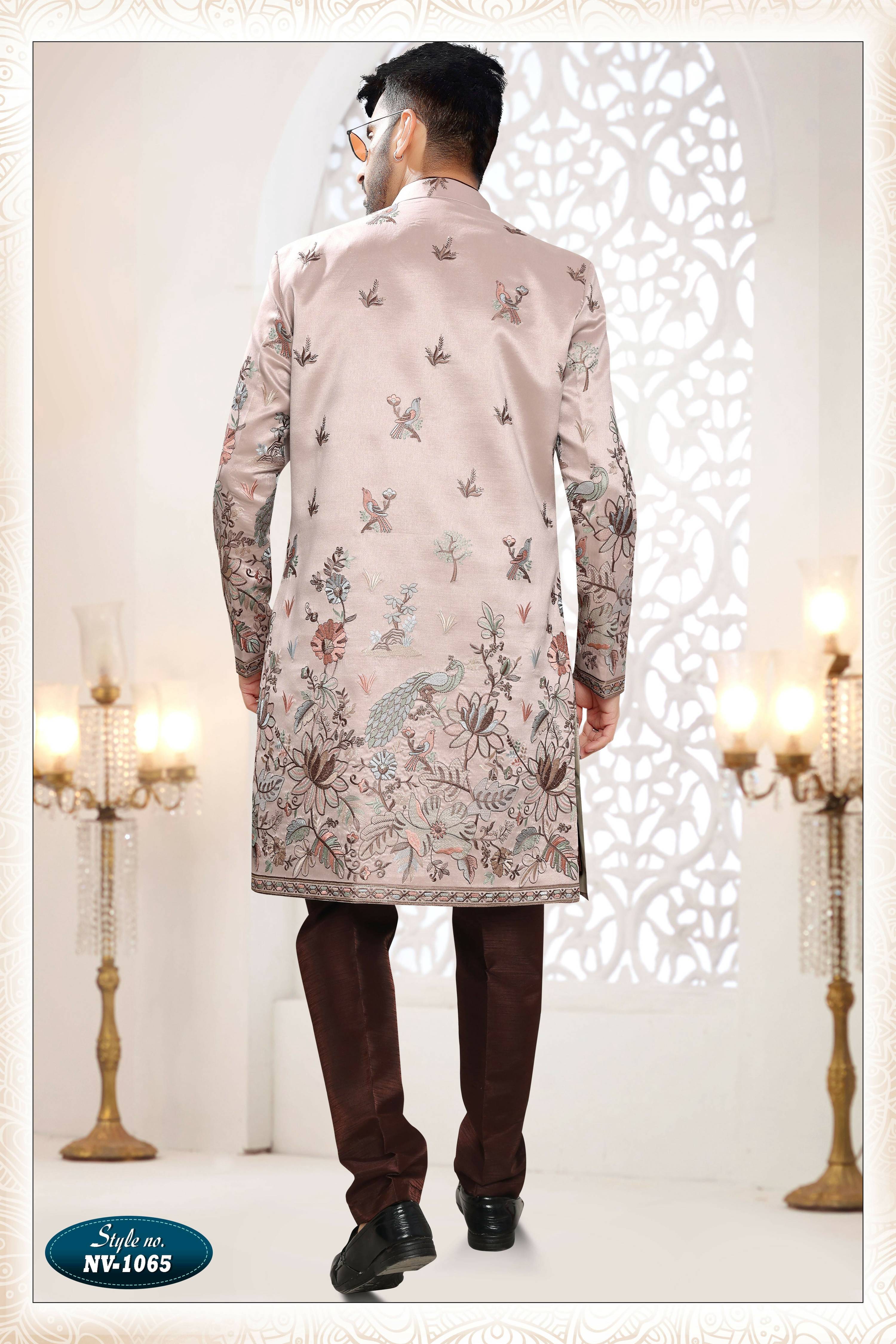 Joban Fashion Men's Skin Brown Straight Silk Thread And Sequence Embroidery All Over 3 Pc Kurta Set